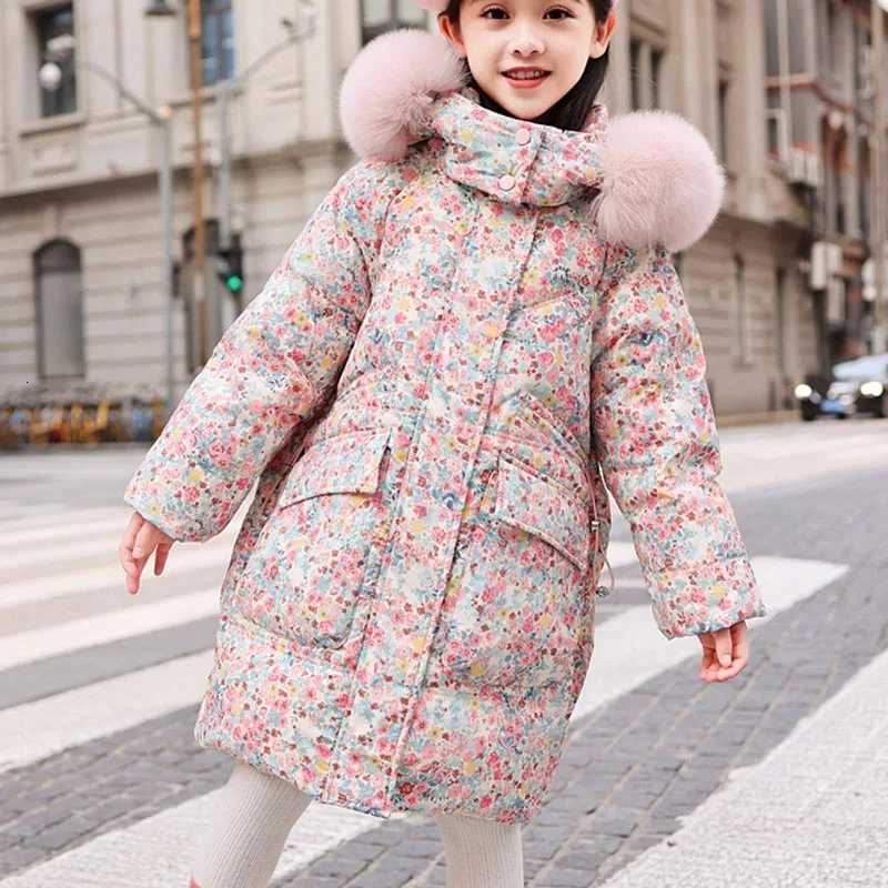 2024 New Girls White Duck Down Jacket Winter Coats Children Clothes Hooded Windbreaker Coat Floral Print Version Style Outerwear X250920