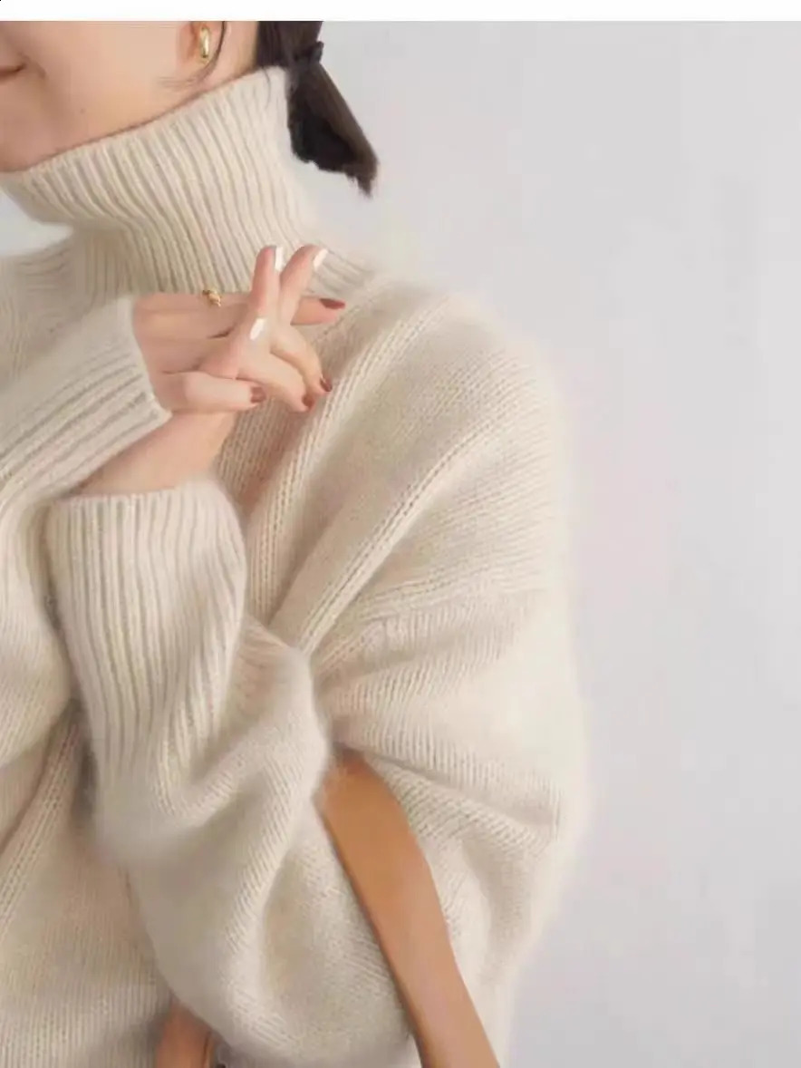 Heavyweight allwool sweater for women highneck loose casual and versatile knitted lazy Korean style sweater thickened for 250919