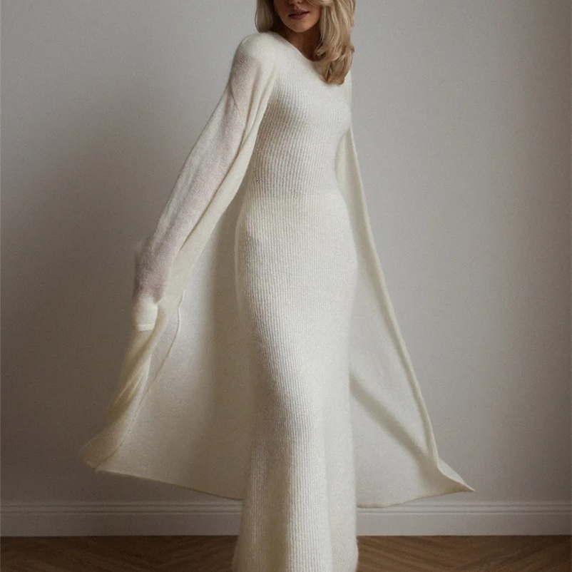 Blubelle Womens Autumn Knit Cardigan Sleeveless Dress Set Solid Color Trendy Maxi Length Elegant Fashion 2Piece y250919