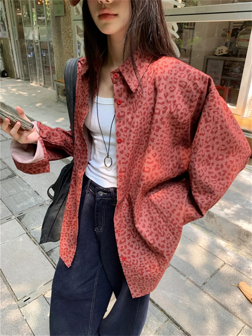 Alien Kitty Ankela Red Jackets Women Leopard Loose Streetwear Autumn Chic Vintage All Match Coats Denim Wide Leg Jeans 250919