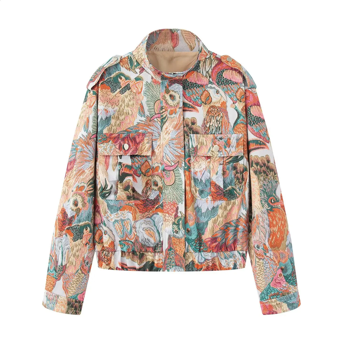 BSKTRAF 2025 Autumn Womens Fashion Personality Color Casual Jacket Peacock Print Short Coat 250920