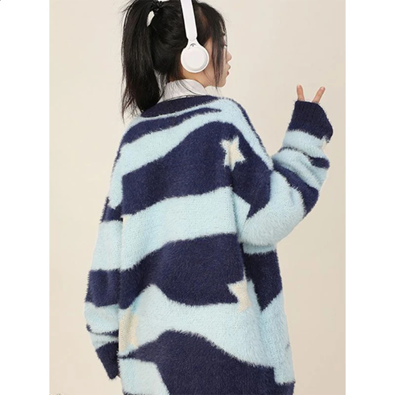 Harajuku Striped Knitted Cardigan Women Y2K Star Print Sweater Coat Streetwear Oversized Long Sleeve Jumpers Loose Knitwear Tops 250919