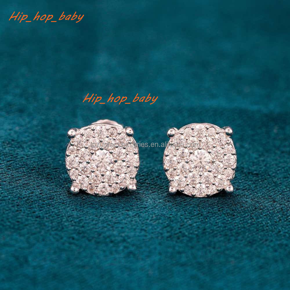 Pass Diamond Tester Hip Hop D Color 10MM Iced Out Moissanite Halo Mens Cluster Stud Earrings With 925 Sterling Silver GRA