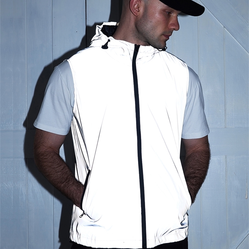 Night Reflective Vest Mens Spring Summer Thin Hooded Fashion Casual Outdoor Run Dancing Hiphop Streetwear Glowing Clothes 250919