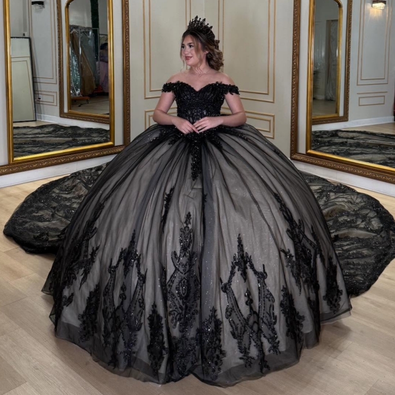 Black Bliny Quinceanera Robes de l'épaule paillette Applique dentelle perle cristal bow tull corset fête anniversaire sweet 16 robes vestidos de