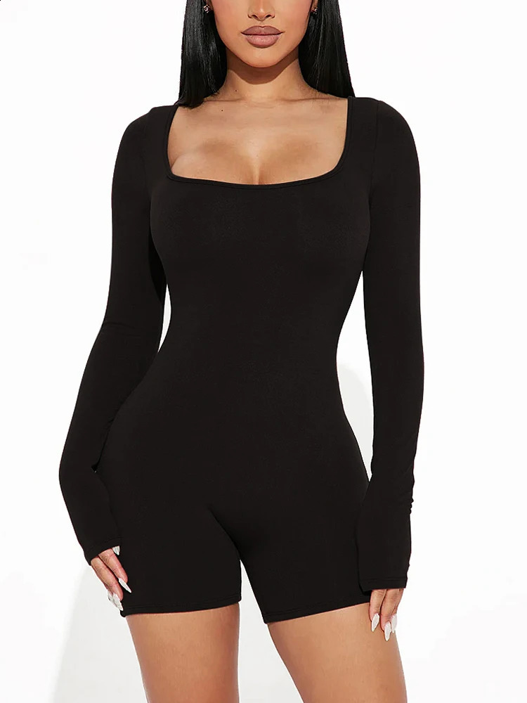 2025 Spring and Summer Fashion Womens Long Sleeve Jumpsuit Shorts Sexy Slim U Neck 250921