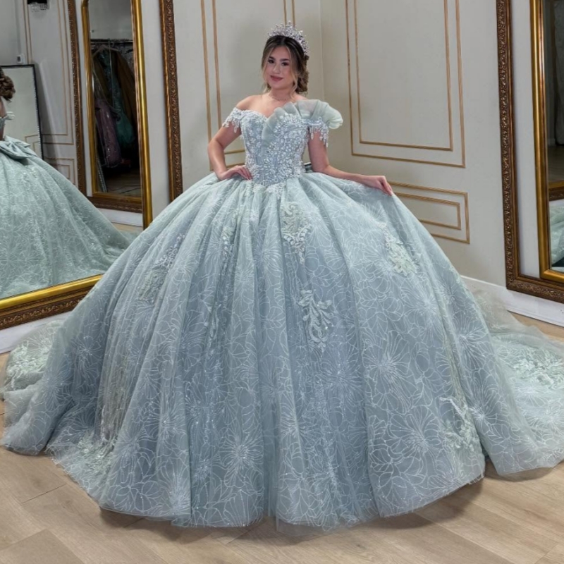 Light Blue Shiny Quinceanera Dresses Off The Shoulder Applique Lace Beading Crystal Bow Tull Corset Party Birthday Sweet 16 Dress Vestidos De 15 Ano