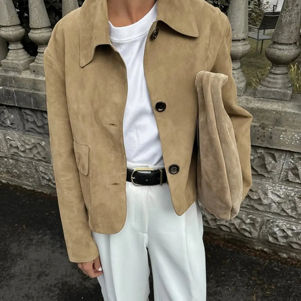 Womens Brown Suede Lapel Jacket Autumn Simple Maillard Allmatch European And American Style Top 250920