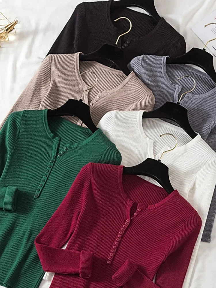 Autumn Winter Button Knitwear V Neck Sweater Women Basic Slim Pullover Women Sweaters And Pullovers Knit Jumper Ladies Tops 250920