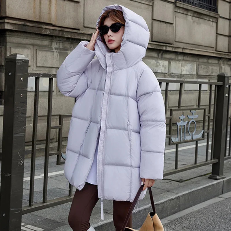 Puff Thicken Warm Winter Parkas Women Zipper Up Hooded Mid Long Parka Jacket Woman High Quality Pockets Stand Collar Outwear 250917