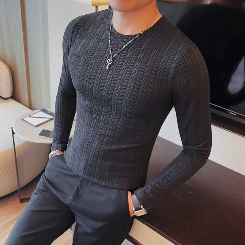 Spring Autumn Mens ONeck Casual TShirts Fashion Slim Fit Long Sleeve Solid Color Tees Tops Men Elastic Stripe Pullover TshirtXJ250920