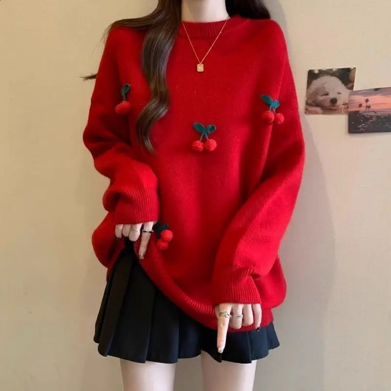 Christmas Red Cherry Sweater for Women in Autumn and Winter 2025 Large Super Beautiful Top Long Sleeve Trendy 250919