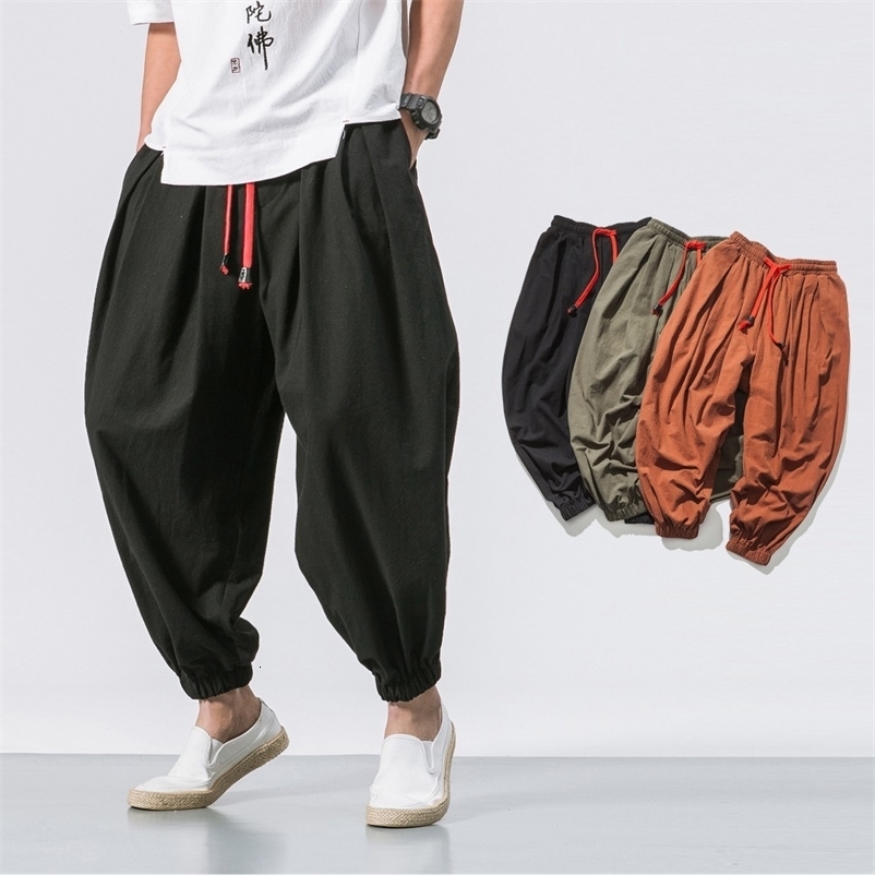 Men surdimensionné pantalon harem en lâche chinois coton et pantalon de survêtement en lin