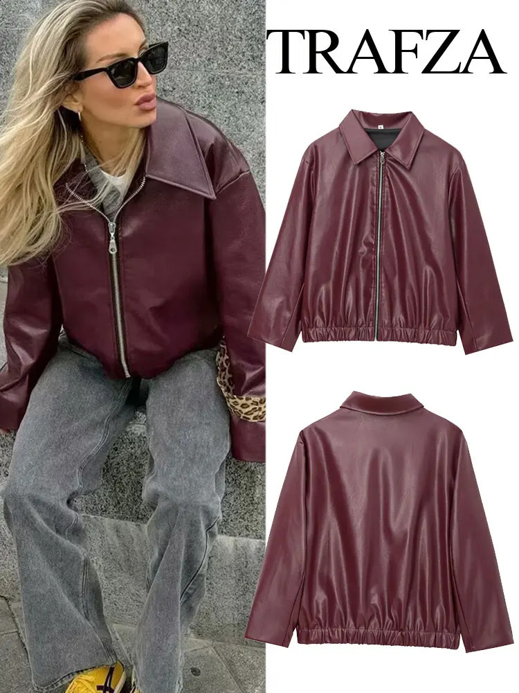 TRAFZA Womens Autumn Retro Street Leather Jacket Fashion Lapel Zipper Decoration Womens Elegant Casual Loose Jacket Y2K 250919