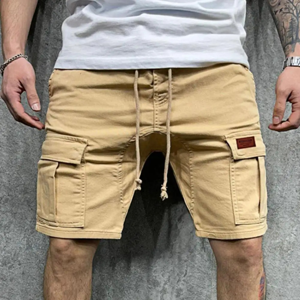 Solid Color Cargo Shorts Men Casual Summer Multi Pockets Joggers Mens Drawstring Knee Length short homme 250920