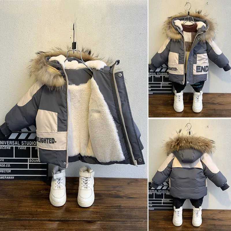 Hiver Boys Mabet 2023 Nouveau collier de fourrure de fourrure Coton à capuche plus veste chaude épaissante en velours pour le manteau pour garçon