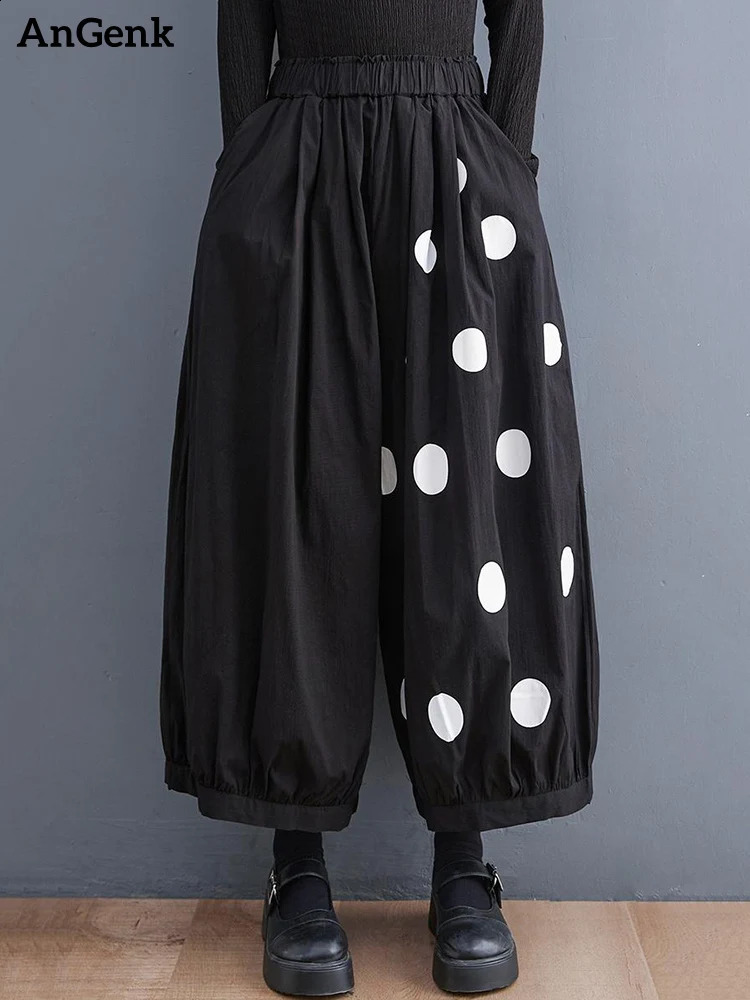 Black Vintage Polka Dot High Elastic Waist Wide Leg Pants Women Spring Autumn Casual Loose Trousers Fashion Streetwear 250919