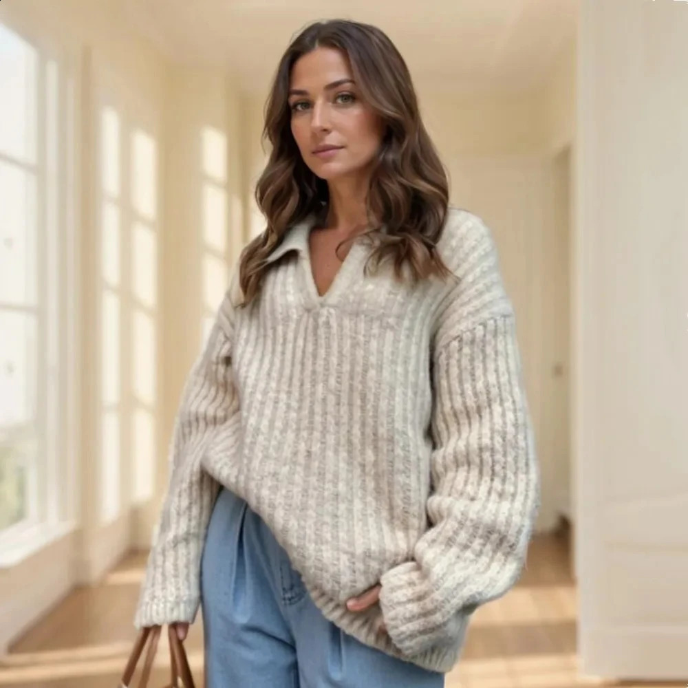 2025 Autumn Winter Creamywhite Lapel V neck Rib Knitted Pullovers Sweater Women Casual Long Sleeve Jumper Knitwear Coffee Gray 250919