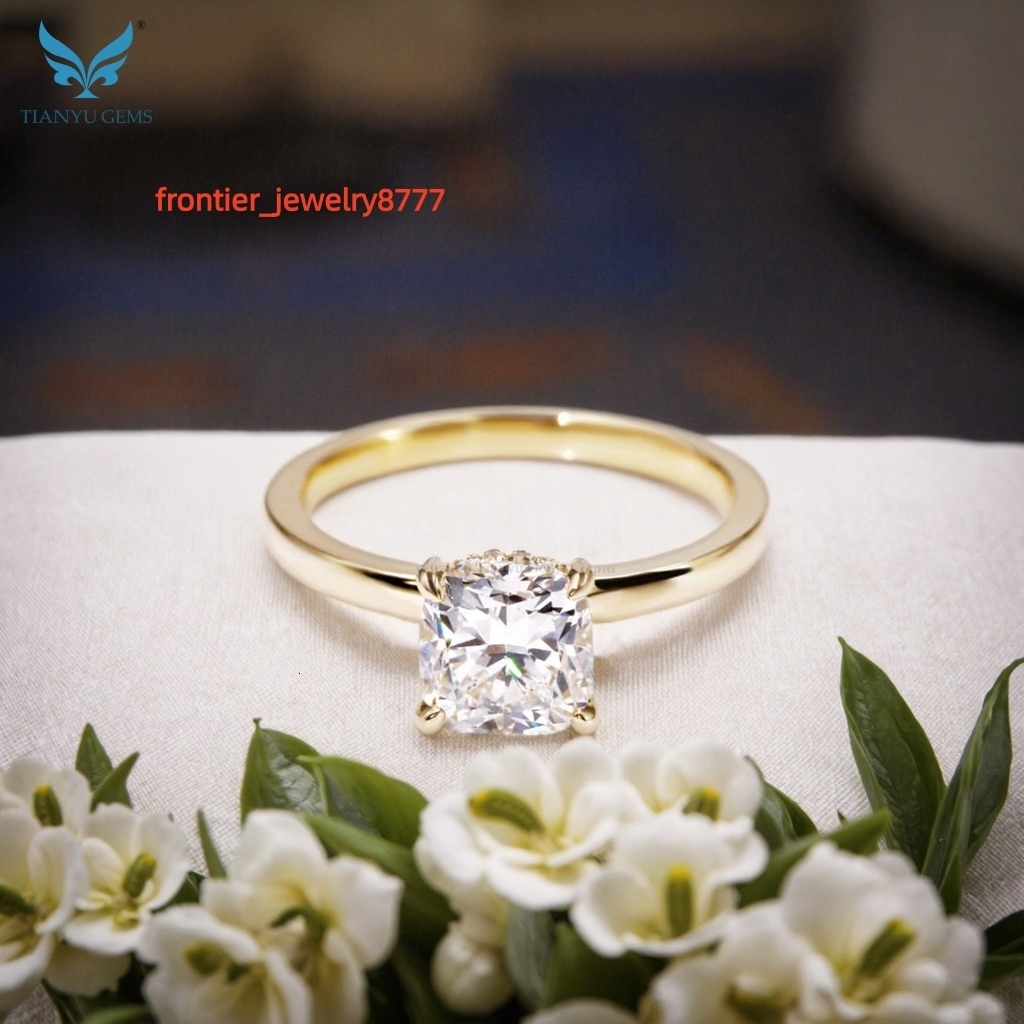 Tianyu Gems Lab Created Diamond Ring Women Custom Jewelry Yellow Gold Cushion Cut CVD Lab Grown Diamond Engagement Wedding Rings