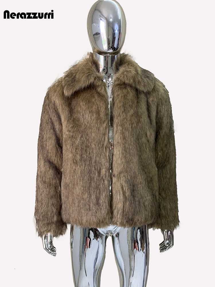 Nerazzurri Autumn Winter Thickened Warm Soft Hairy Fluffy Faux Fur Coat Men Long Sleeve Turndown Collar Chic Fluffy Jacket 2024XJ250920