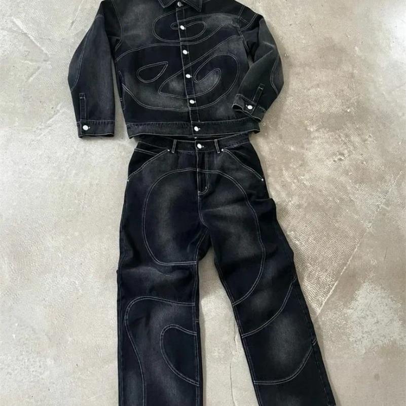 Patch Jeans Retro Striped Embroidered Jacket TwoPiece Set Y2k Suit Mens Harajuku hiphop Embroidered Loose Jeans Old Jacket 250919