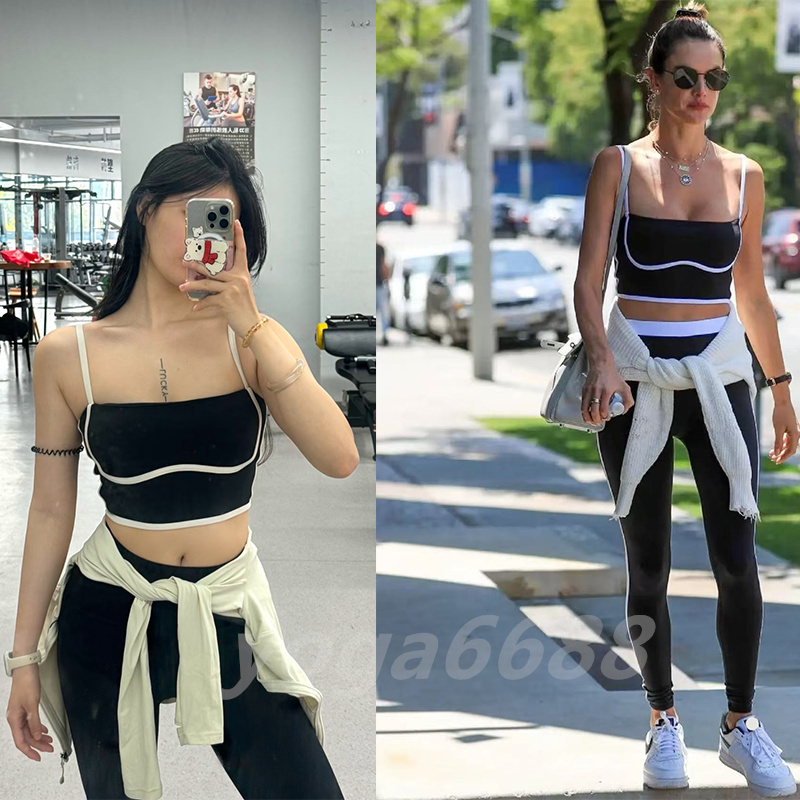 New yoga sets color-blocked letter print sports yoga tank top for women with built-in bra matched with sports pants sets Outdoor Recreation