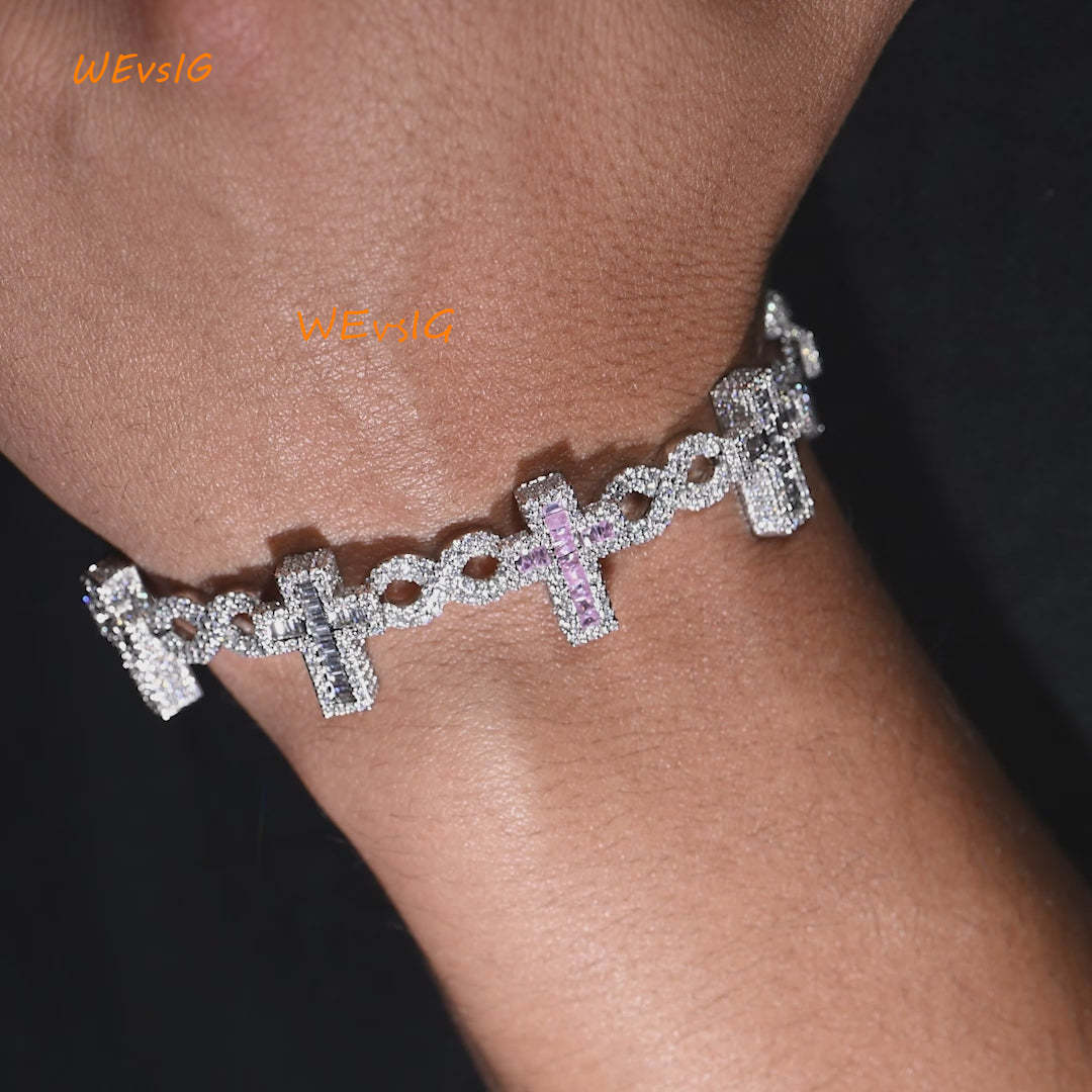 Exclusive Moissanite Round Brilliant Cut and Baguette Cut Diamond Iced Out Hip Hop Bracelet for Men in 925 Sterling Sliver