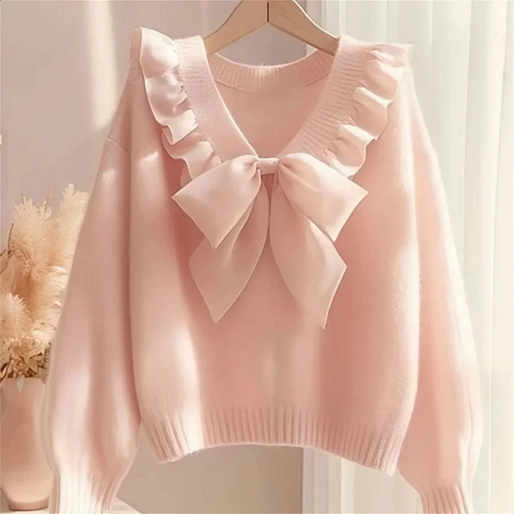 2025 Korean Fashion Sweaters Womens Sweater Autumn Winter Pullover Loose Sweater Top Pink Bow Knitted Long Sleeved Clothing 250920