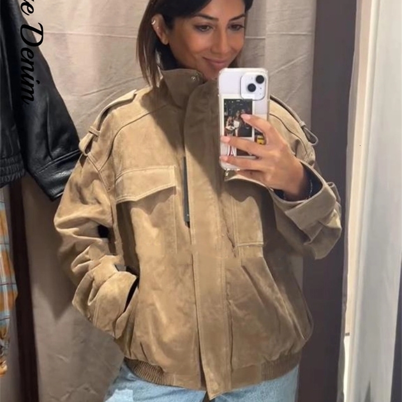 Casual Solid Suede Jacket Street Stand Collar Full Sleeve Zippers Loose Coats Female 2025 Autumn Fashion Lady y250919