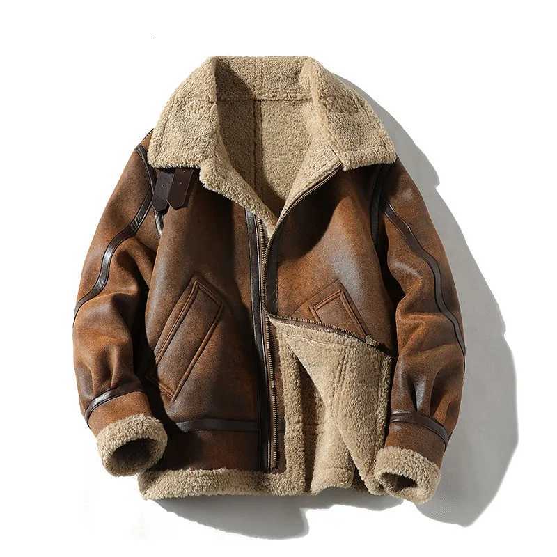 Mens Retro Suede Lambhair Jacket Thick Winter Fur Large Size Motorcycle Leather Coat Trendy W250920