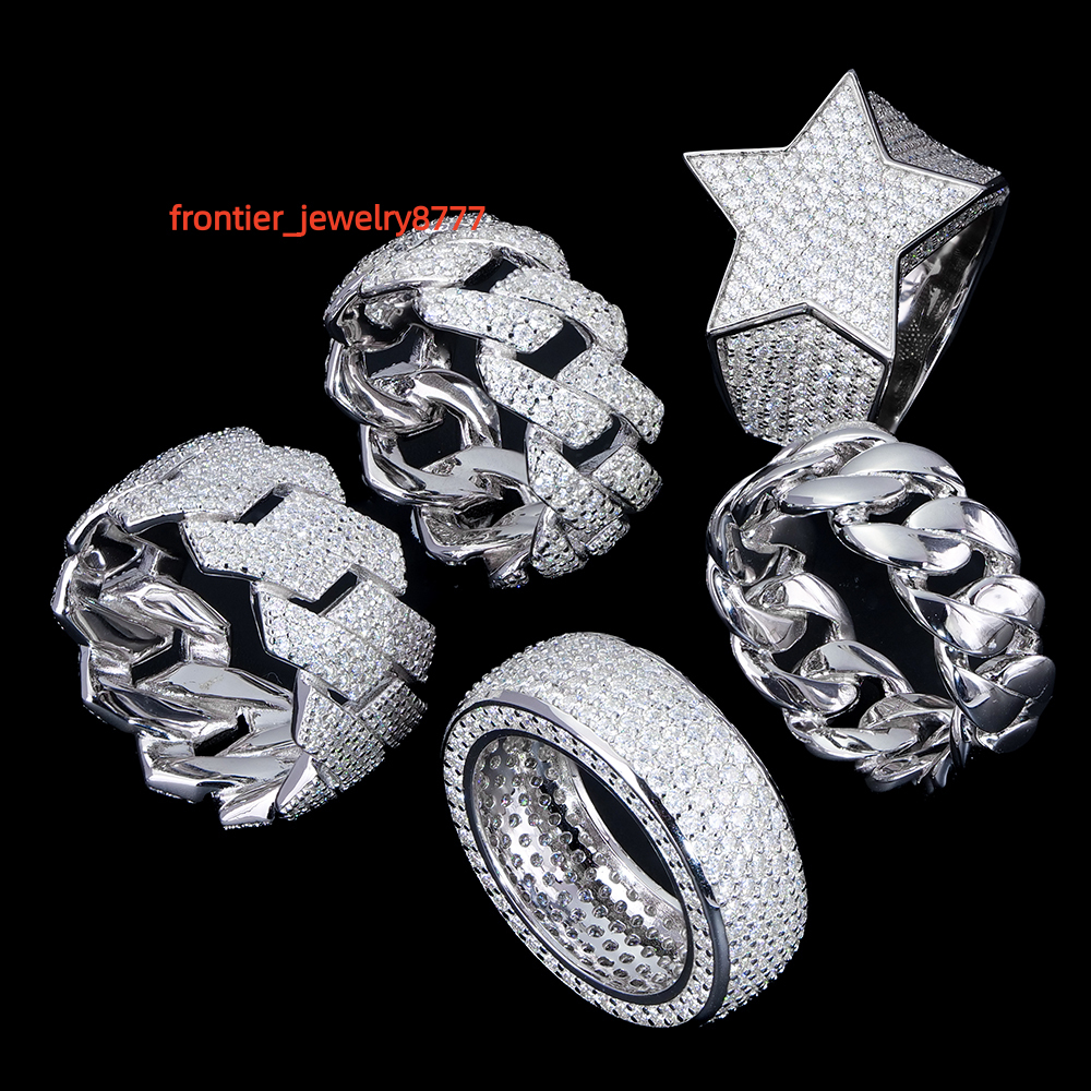 Bulk Wholesale Custom Hip Hop Crushed Iced Out 925 Sterling Silver Fine Jewelry Cuban Diamond Mossanite Moissanite Ring for Men