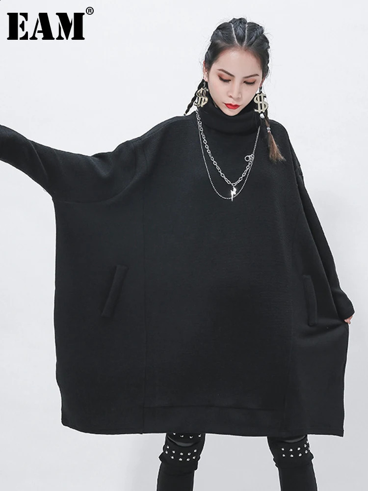 EAM Black Big Size Knitting Sweater Loose Fit Turtleneck Long Sleeve Women Pullovers Fashion Autumn Winter 2025 1Z319 250919