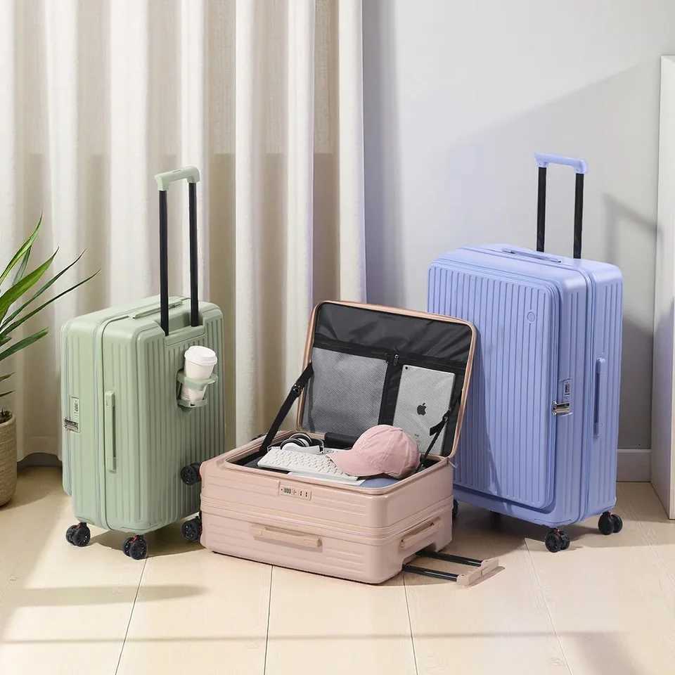 Multifunctional Front Opening Expandable Suitcase with Cup Holder Large Capacity Luggage 360 Shock Absorbing Wheels 20 24 28 W250920-image-1076022682