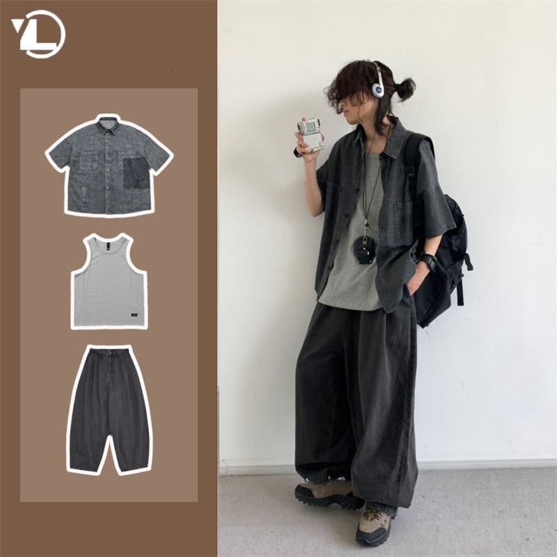 Korean Casual 3 Pcs Sets Mens Multi Pocket Denim ShirtSolid Color VestFashion Street Jeans Suits Y2k Hip Hop Sets 250919