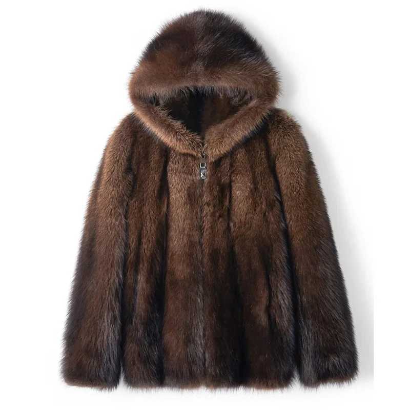 Coffee Fluffy 2024 Luxury Winter Warm Faux Coat Men Zipper Hooded Thicken Fur Jacket Furry Outerwear Large SizeXJ250920