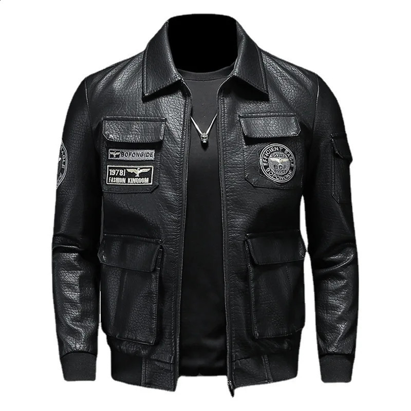 Manteau en cuir masculin Pilot Motorcycle en cuir régulier de grosses manches en cuir épaissies Broidered Pocket Men Veste 250920
