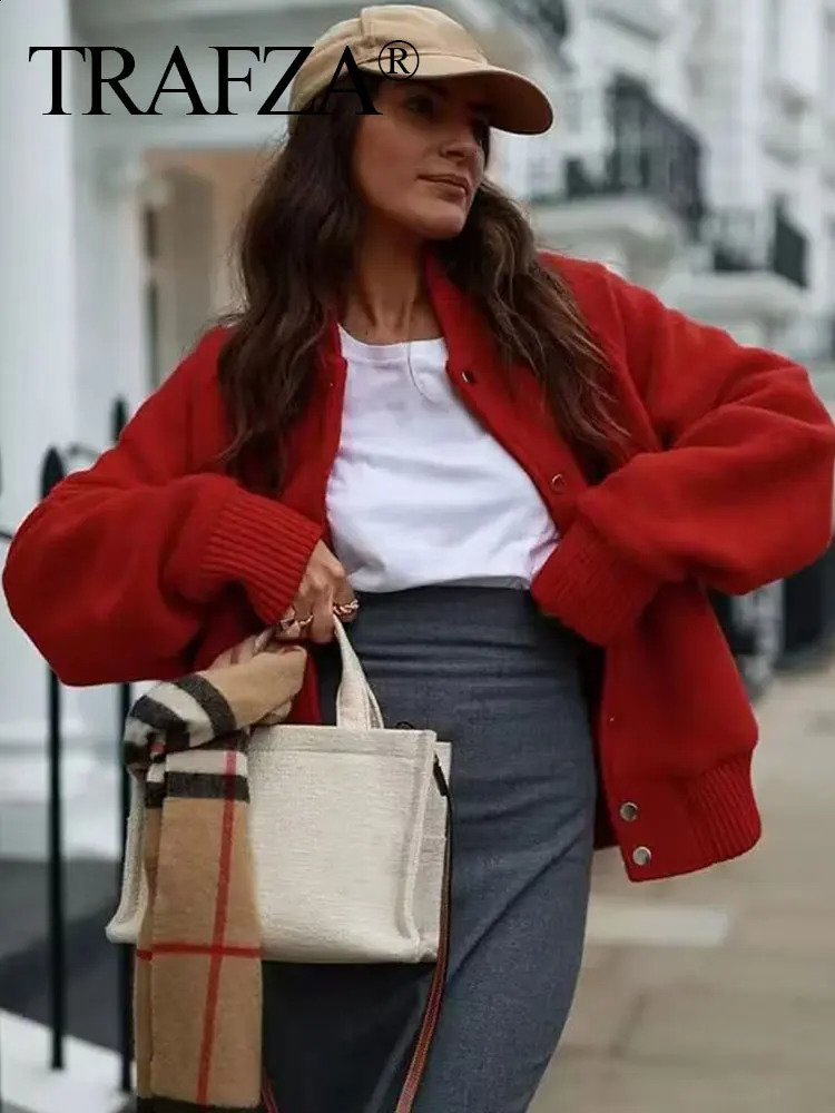 TRAFZA Spring Women Red Coat Casual Single Breasted Long Sleeve Female Coats 2025 Fashion Loose ONeck Office Lady Outwear 250920