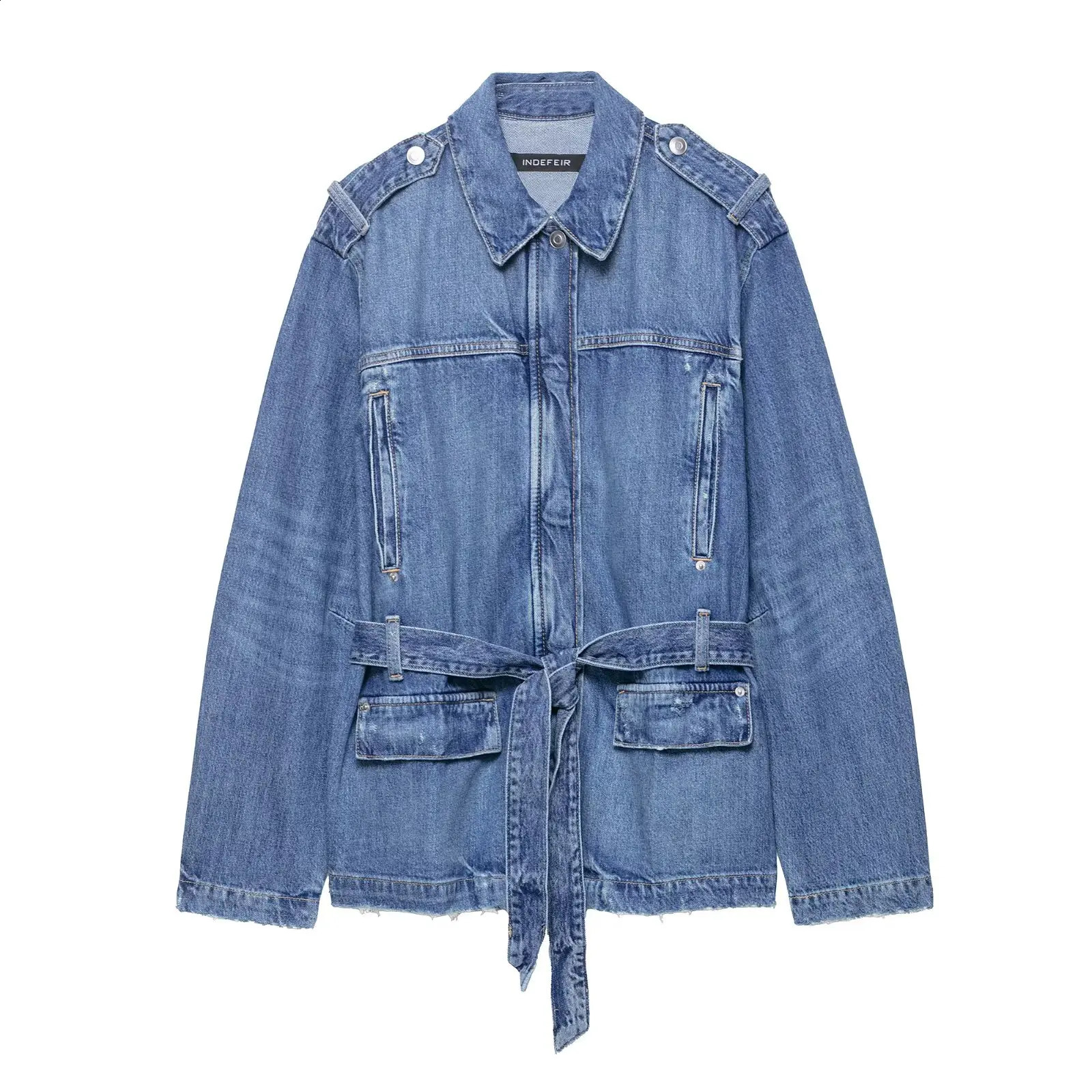 2025 Arrival Autumn Fashion Long Denim Jacket Womens WaistDefining Outerwear Style Loose Fit 250919