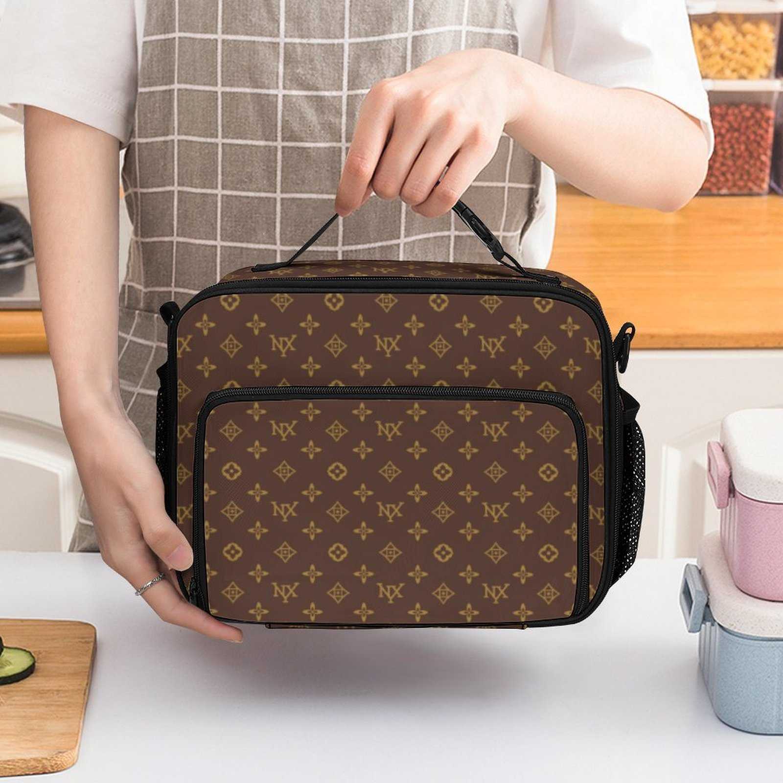 NXY Designer Monogram Print Insulated Lunch Cooler Bag Portable Thermal Food Box with Detachable Shoulder Strap and Side Mesh Pocket 250915