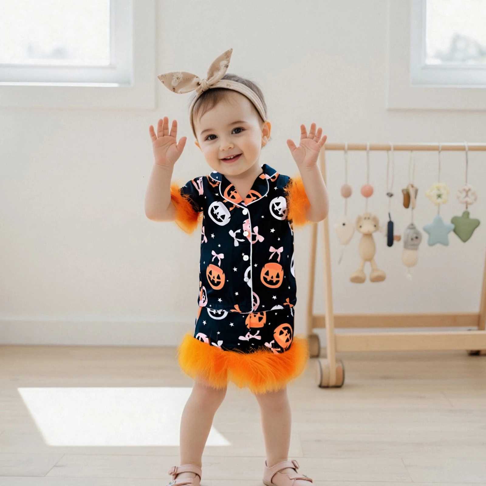 Vêtements pour enfants filles halloween pyjamas ensembles de chemises à manches courtes imprimées à imprimé à la citrouille avec shorts de taille