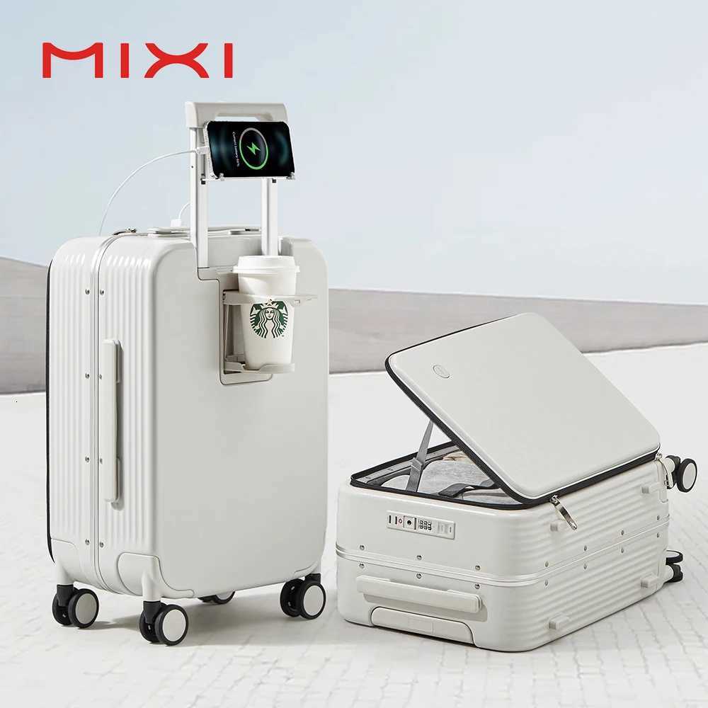 Mixi New Aluminum Frame Suitcase Carry On Rolling Luggage with USB Port Boarding Cabin Cup and Phone Holder 20 24 Inch W250920-image-1076034173