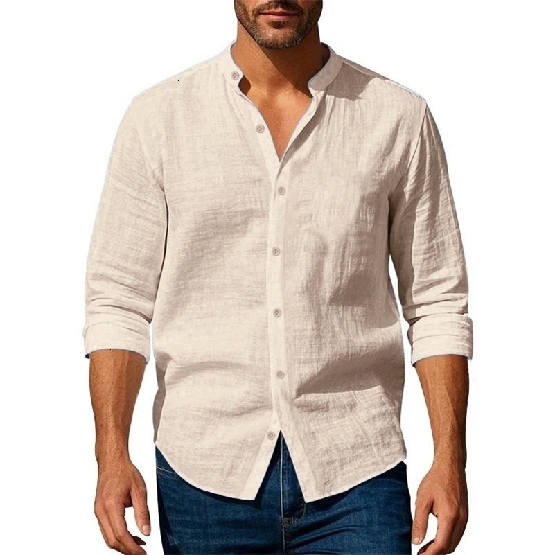 Cotton Linen Shirt for Men Henley Neck Solid Color Lightweight Breathable Slim Fit Single Breasted Long Sleeve Button Up yy250919