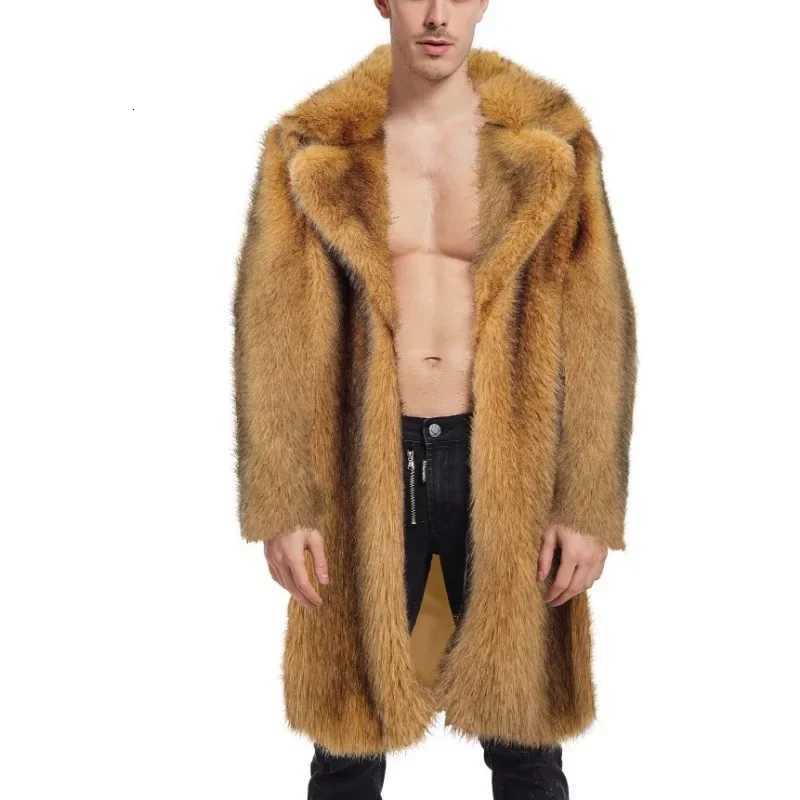 Mens Loose Cardigan Plush Warm Jacket Autumn Winter New Faux Fur Large Coat Mens Long Sleeve Turndown Collar Long CoatXJ250920