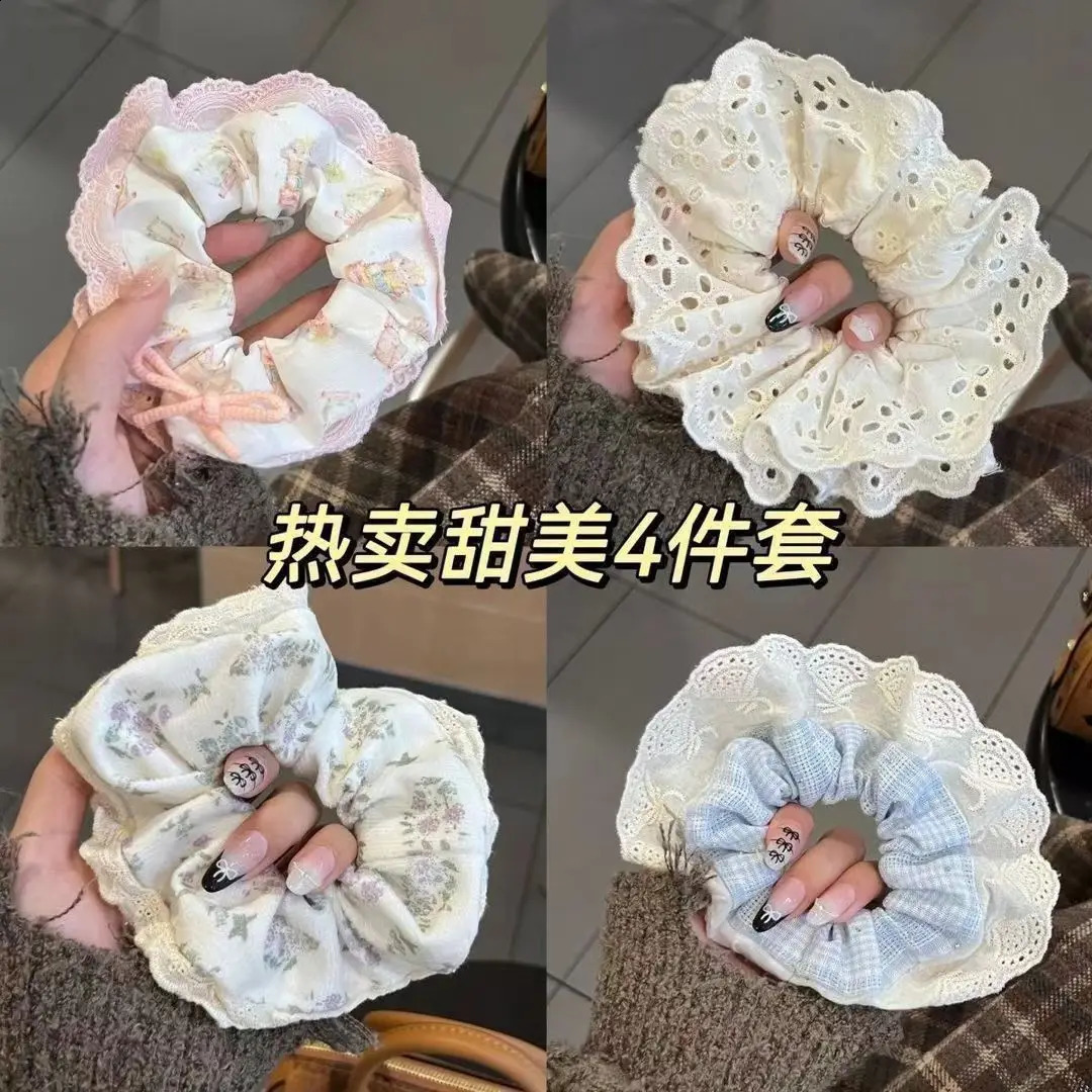 Ballet style milk blue checkered heavy industry stamping lace girls large intestine headband cute cream sweet gir 250919