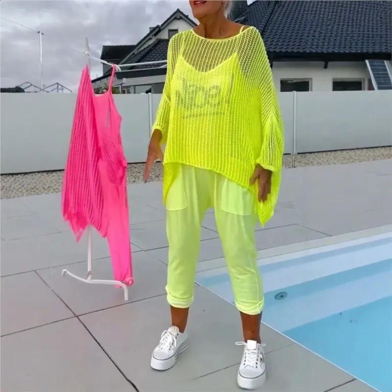 2025 Personality Hollow Out Lazy Sweaterjumpsuit 2 Piece Set Loose Casual Solid Pullovers Top jumpsuit Sets Breathable Cothing 250921