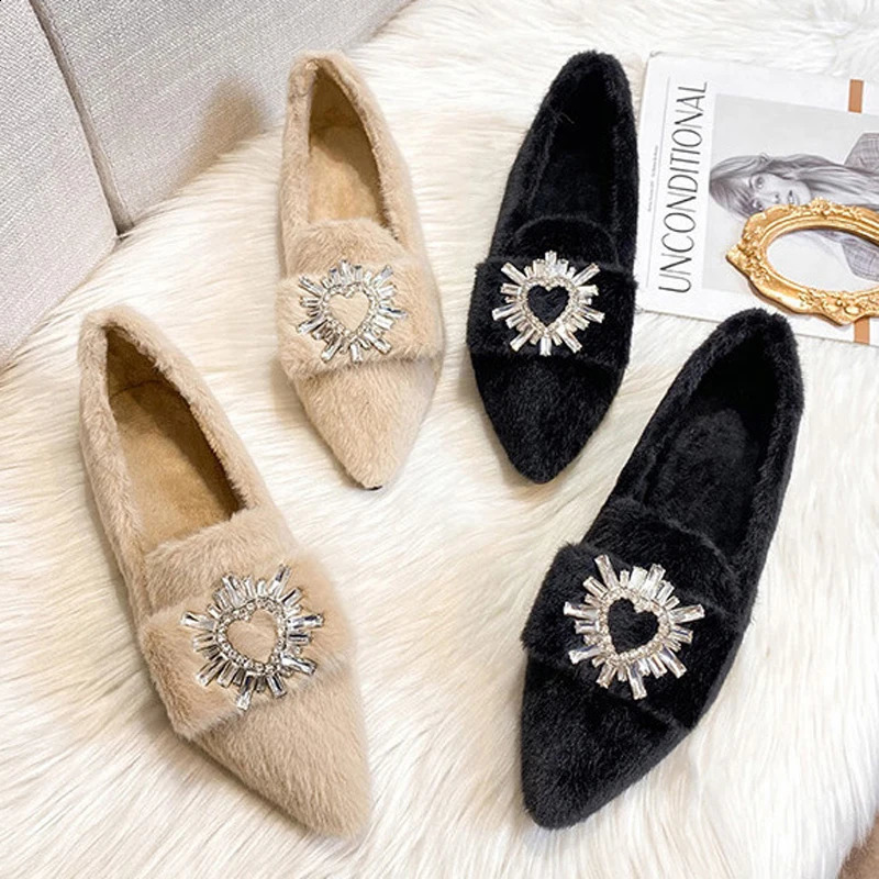 Heart Shaped Rhinestone Buckle Flats Women Rabbit Fur Shoes Winter Warm Ballets Ladies Pointed Toe Cotton Furry Mocasines Mujer 250919