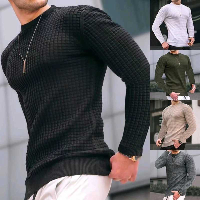 Automne Winter Slim Check Waffle Tshirts à manches longues pour hommes Round Nou Jacquard Plaid Pullover Gym Fitness Body Body Body TEESXJ250920