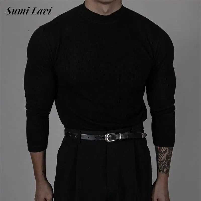 Fashionable Ribbed Solid Color Bottoming Tee Men Autumn Casual Mock Neck Long Sleeve Slim Tshirt For Mens Stylish Basic T ShirtXJ250920