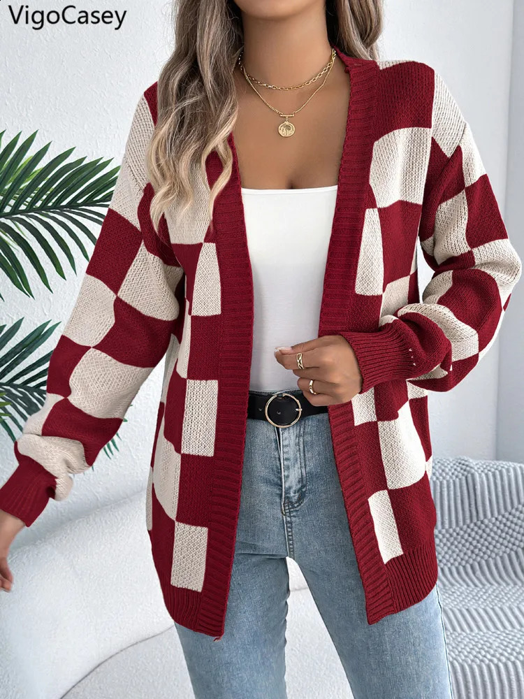 VigoCasey 2025 Autumn Female Plaid Print Sweater Cardigan Winter Women Casual Loose Cardigan Lady Loose Long Sleeve Knitted Coat 250919