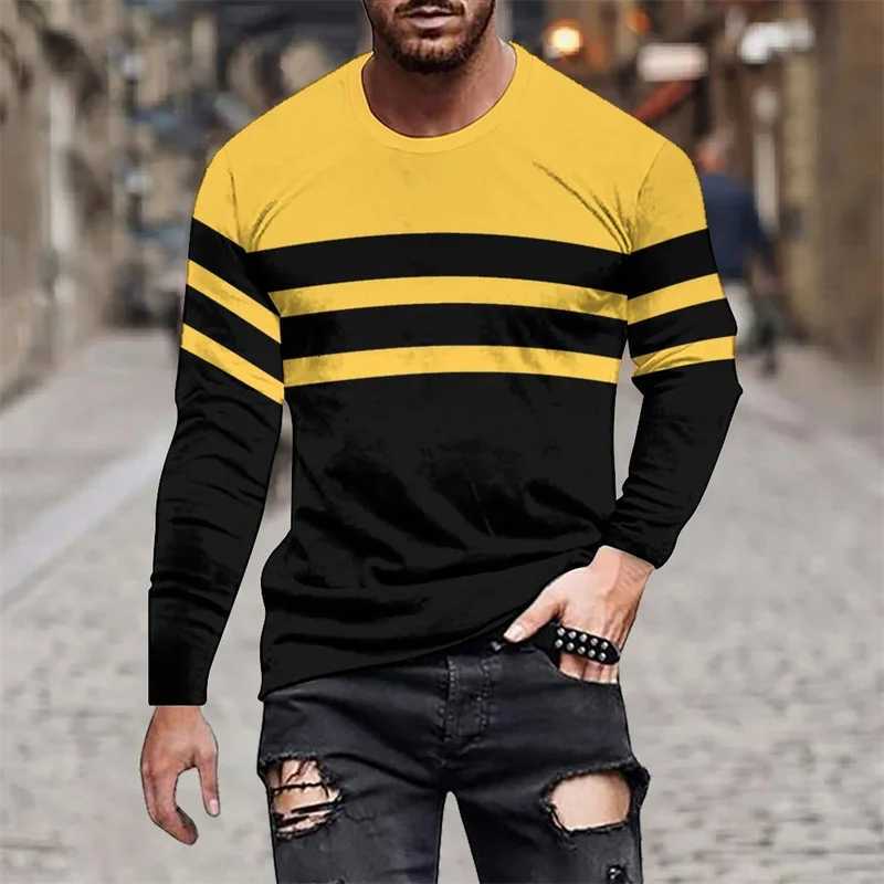 T-shirt d'épissage à rayures imprimé 3D pour les hommes motif coloré Tees Automne Tops rond décontractés Tshirtsxj250920